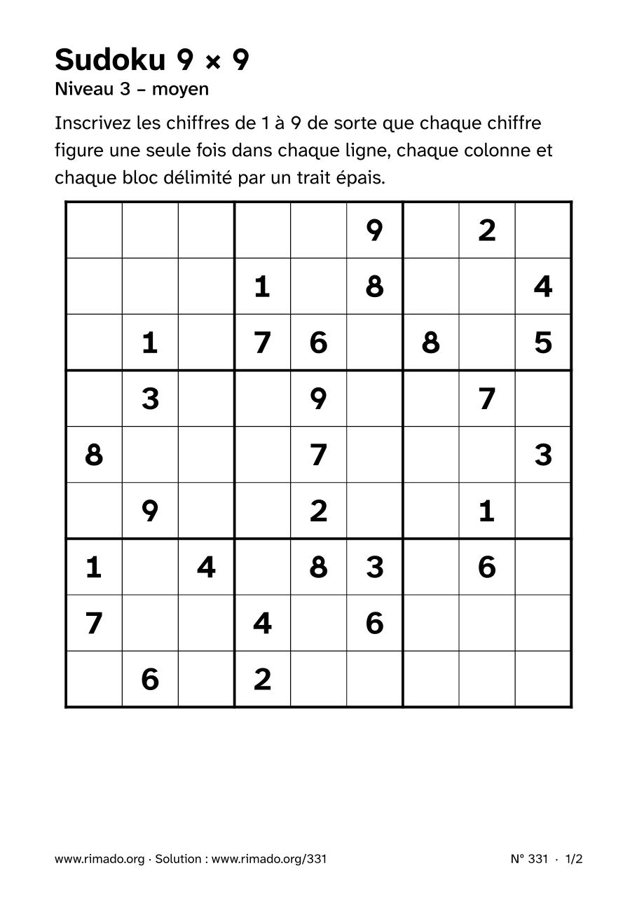 Aperçu de la feuille imprimée : Sudoku 9 × 9, nº 331