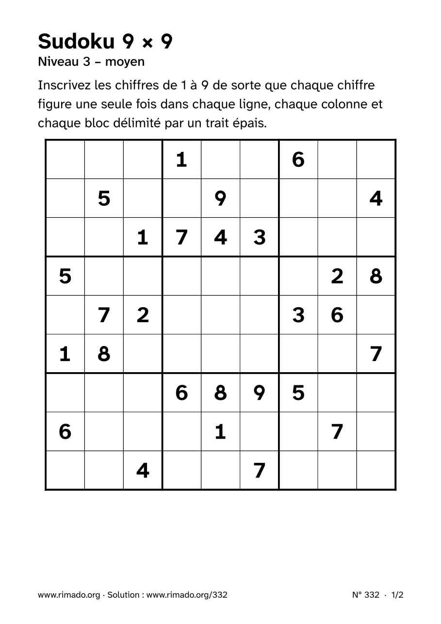 Aperçu de la feuille imprimée : Sudoku 9 × 9, nº 332
