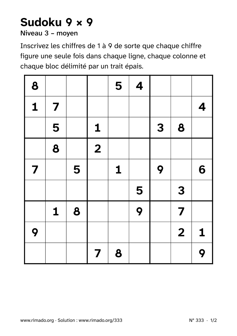 Aperçu de la feuille imprimée : Sudoku 9 × 9, nº 333