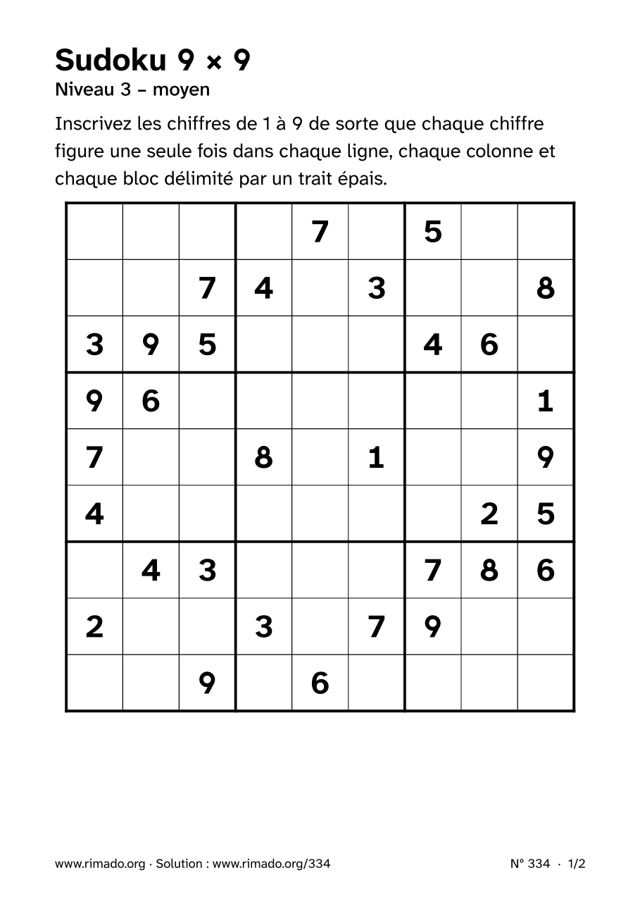 Aperçu de la feuille imprimée : Sudoku 9 × 9, nº 334