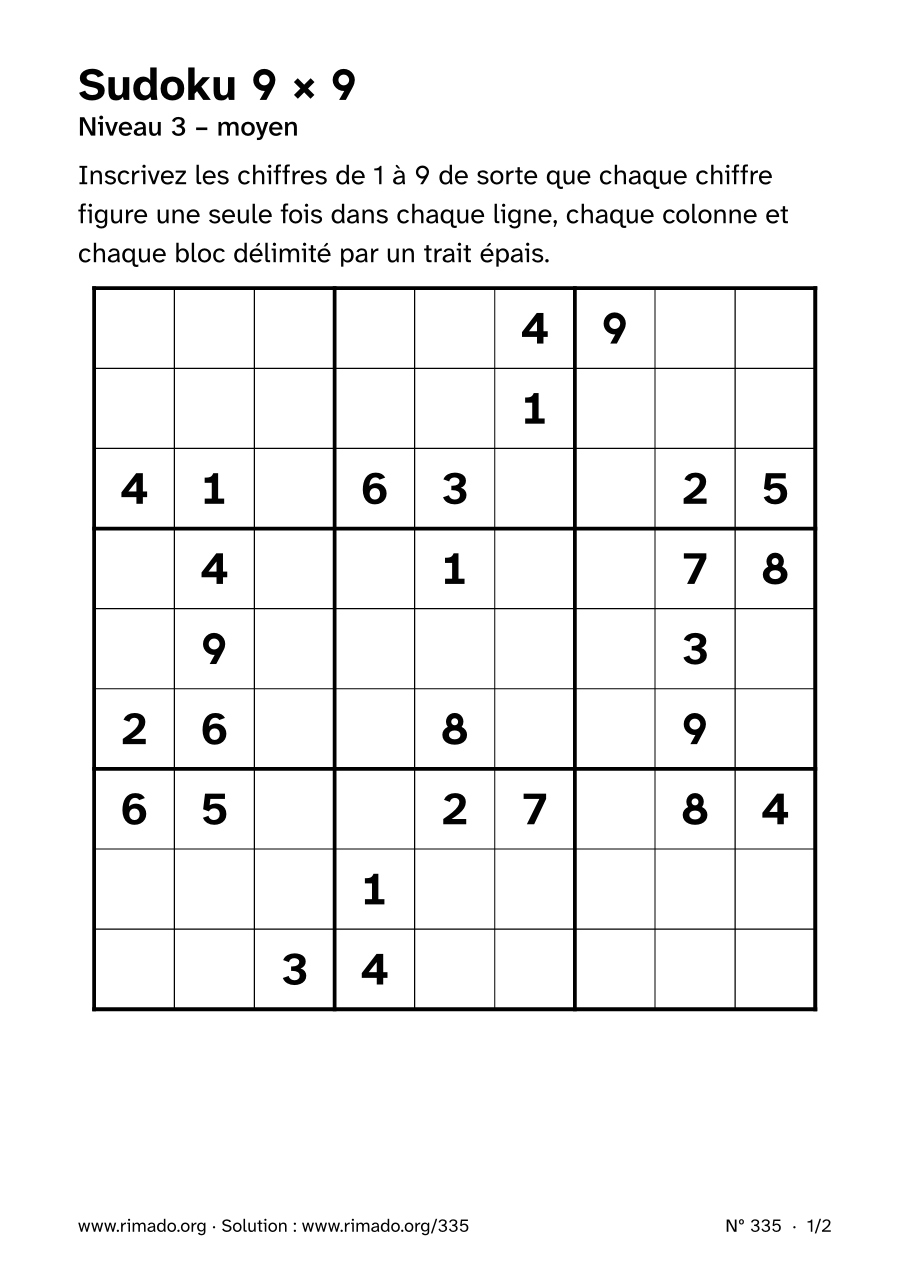 Aperçu de la feuille imprimée : Sudoku 9 × 9, nº 335