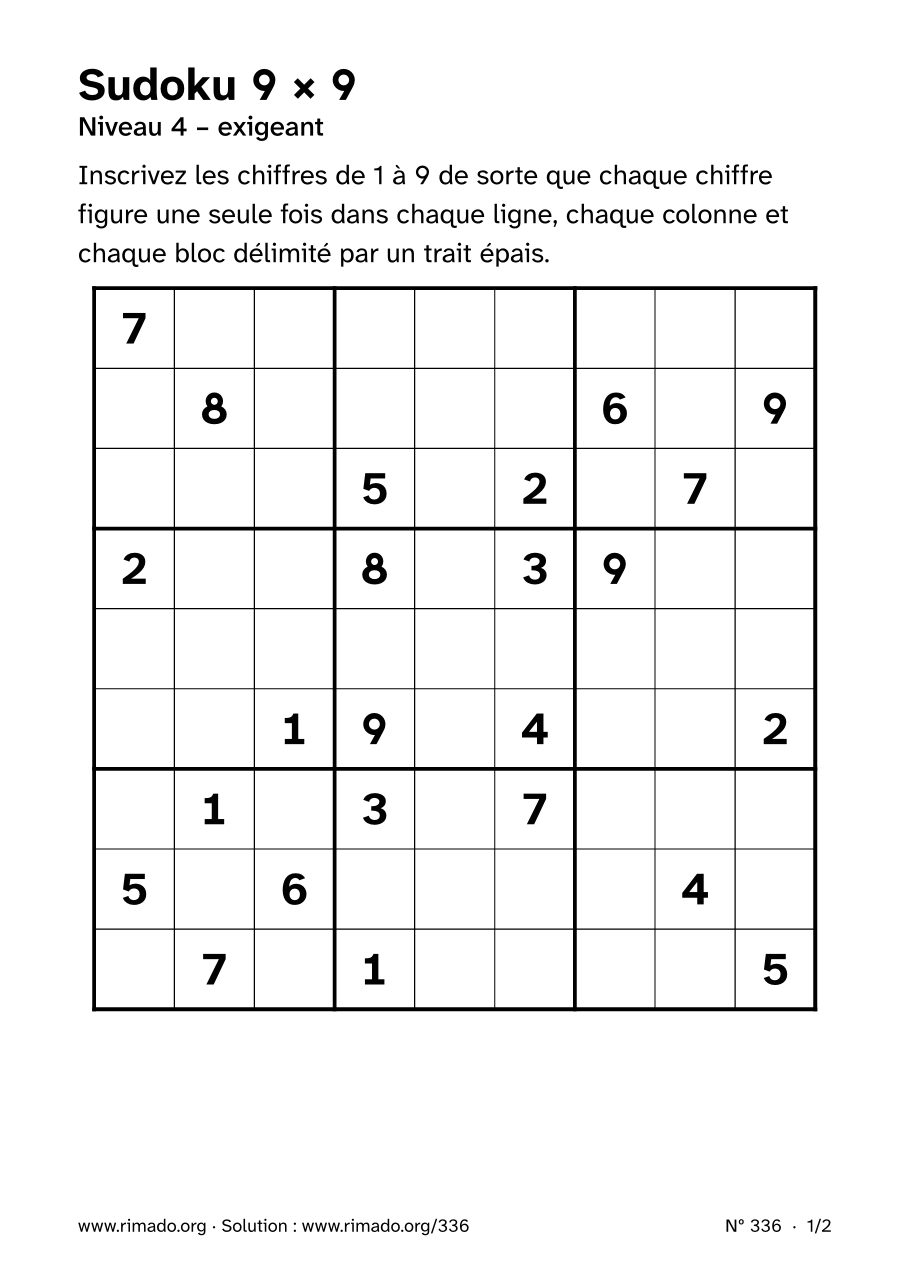 Aperçu de la feuille imprimée : Sudoku 9 × 9, nº 336