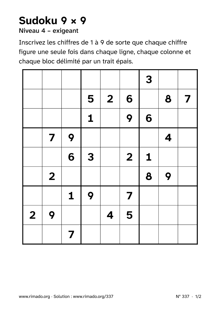 Aperçu de la feuille imprimée : Sudoku 9 × 9, nº 337