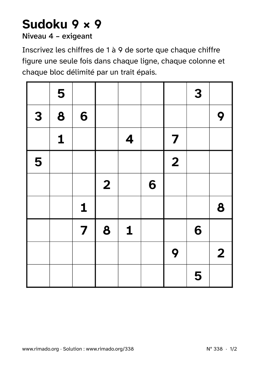 Aperçu de la feuille imprimée : Sudoku 9 × 9, nº 338