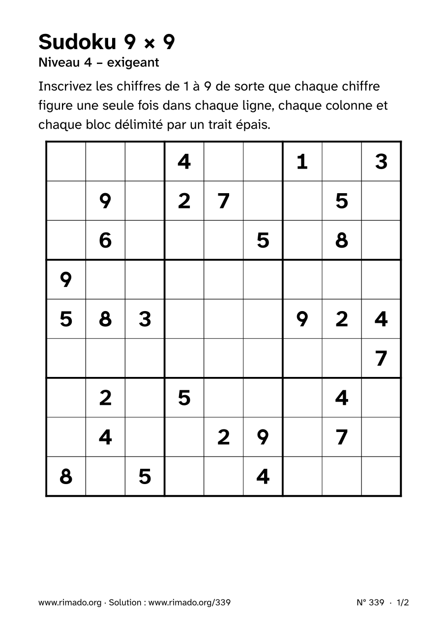 Aperçu de la feuille imprimée : Sudoku 9 × 9, nº 339
