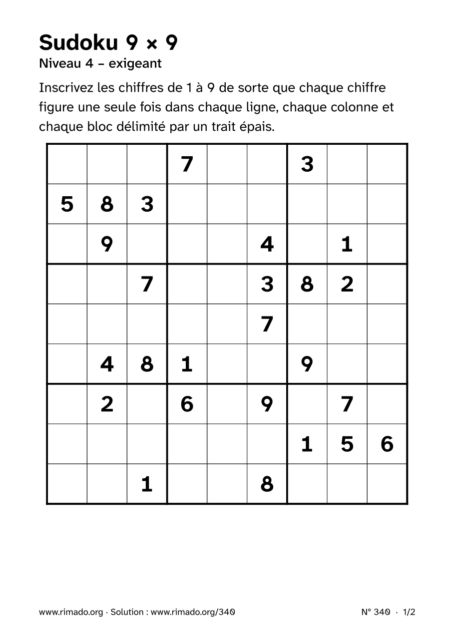 Aperçu de la feuille imprimée : Sudoku 9 × 9, nº 340