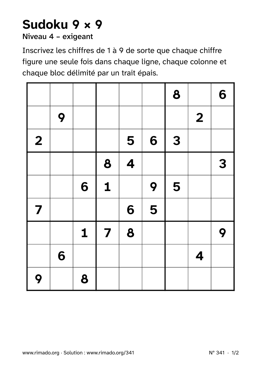 Aperçu de la feuille imprimée : Sudoku 9 × 9, nº 341