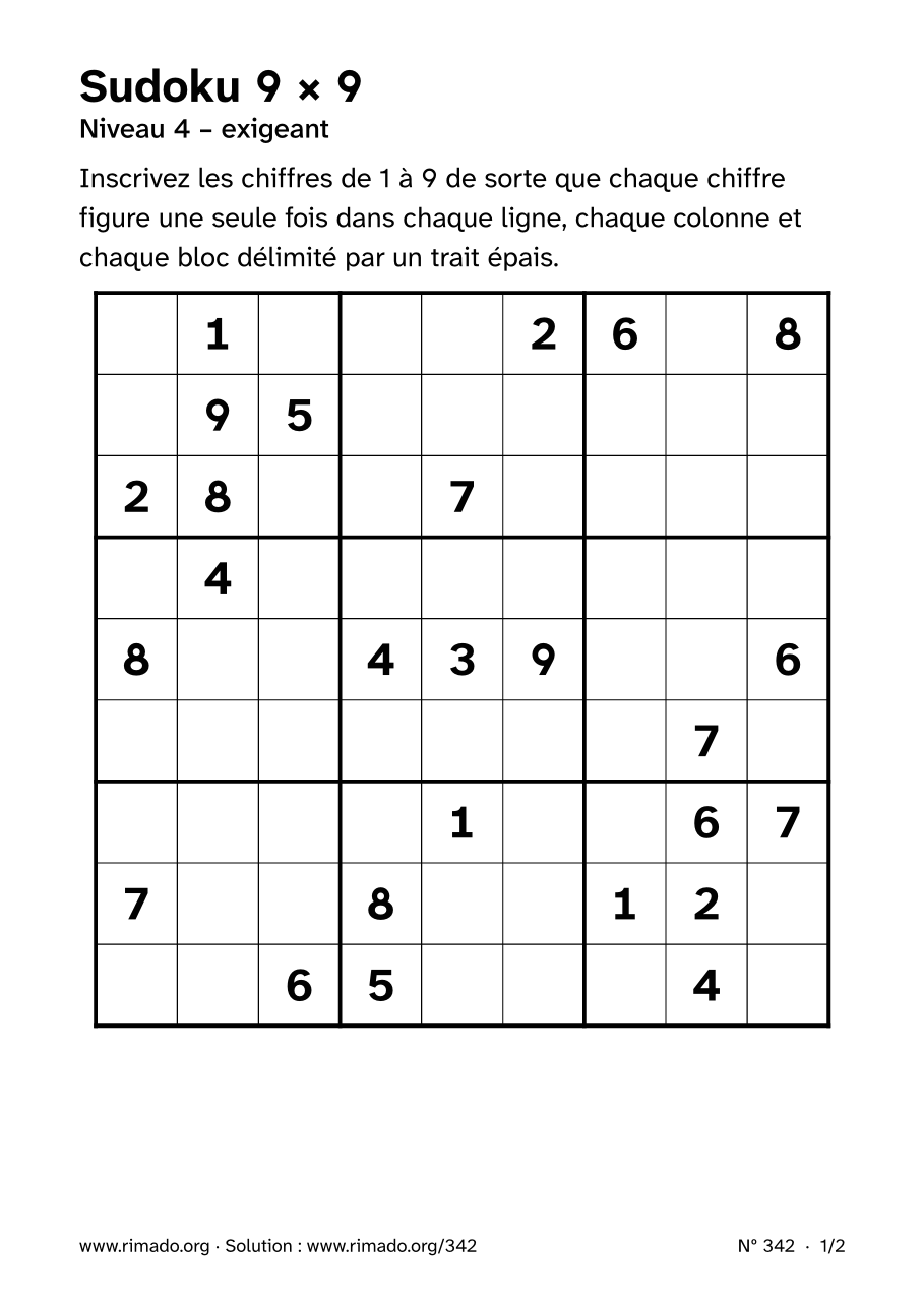 Aperçu de la feuille imprimée : Sudoku 9 × 9, nº 342