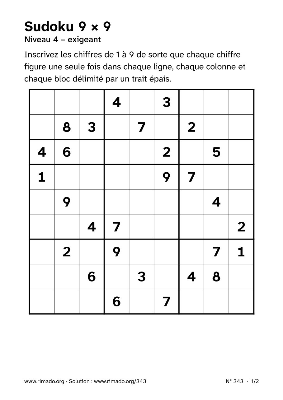 Aperçu de la feuille imprimée : Sudoku 9 × 9, nº 343