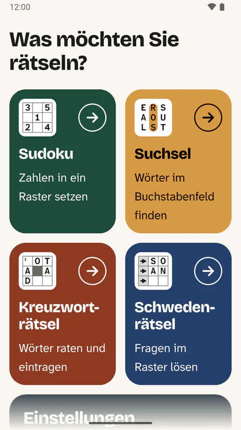 Die Startseite der App auf einem Handy: „Was möchten Sie rätseln?“ und vier große Kacheln für Sudoku, Suchsel, Kreuzworträtsel und Schwedenrätsel.