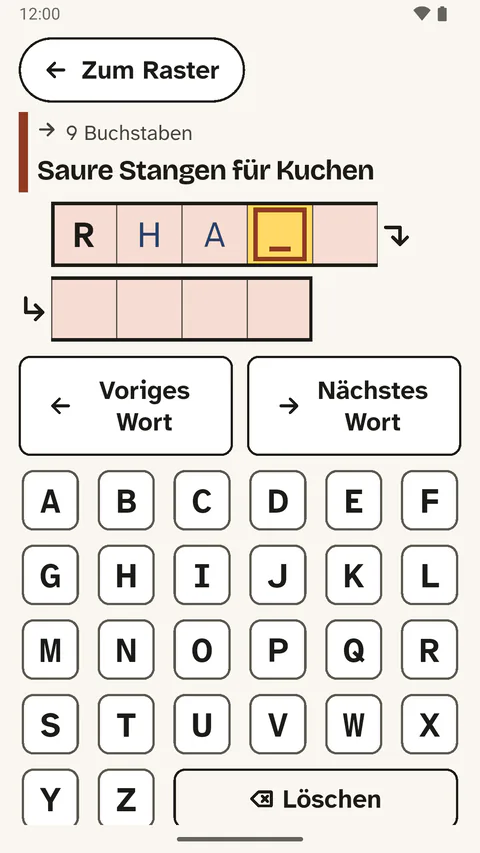 Die Eingabe im Kreuzworträtsel auf einem Handy: oben groß die Frage, darunter die Kästchen für das Wort und eine große Tastatur von A bis Z.