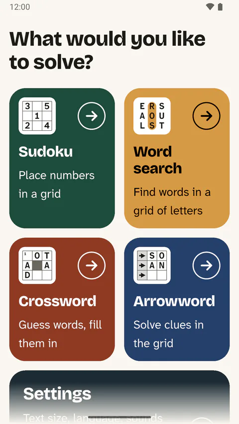 The start page of the app on a phone: “What would you like to solve?” and four large tiles for the puzzle types.