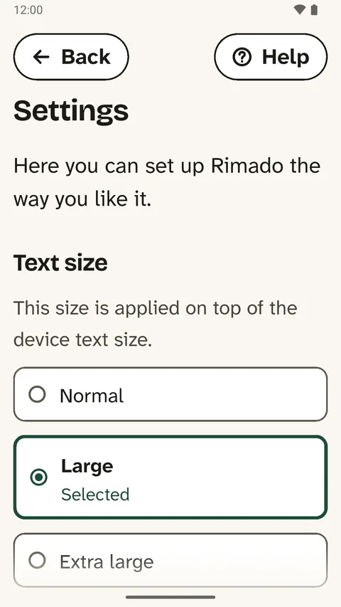 The settings on a phone: under “Text size”, “Large” is selected.