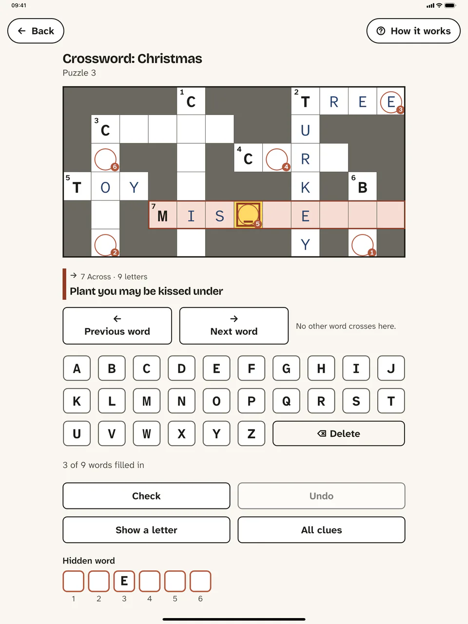 A crossword on a tablet: the grid at the top, below it the clue, a keyboard from A to Z and the buttons “Check” and “Show a letter”.