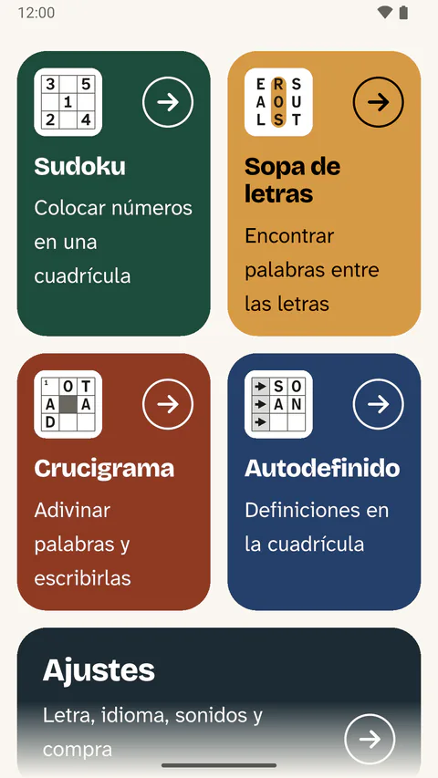 La página de inicio de la app en un móvil: «¿Qué le apetece resolver?» y cuatro mosaicos grandes para los pasatiempos.