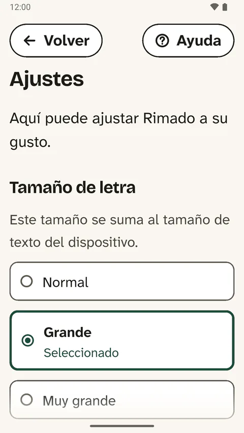 Los ajustes en un móvil: en «Tamaño de letra» está elegido «Grande».