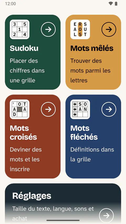 L’écran d’accueil de l’application sur un téléphone : « Que souhaitez-vous résoudre ? » et quatre grandes tuiles pour les types de jeux.
