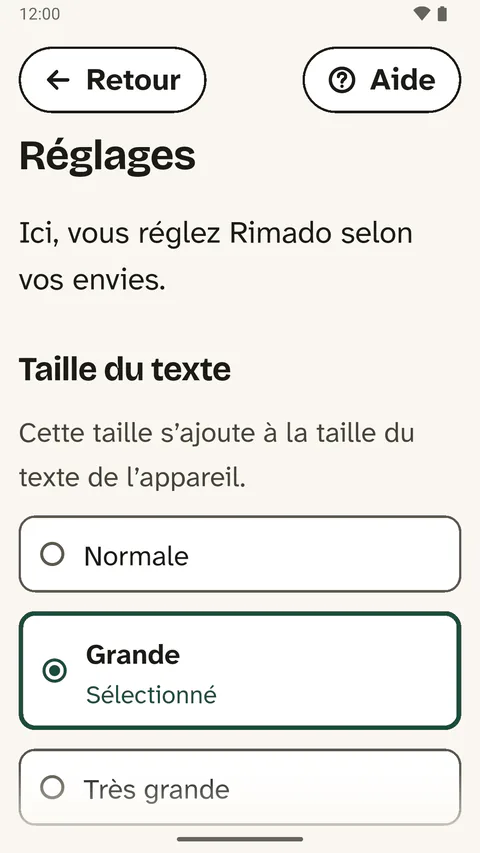 Les réglages sur un téléphone : sous « Taille du texte », « Grande » est choisie.