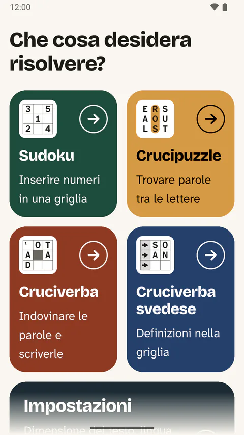 La pagina iniziale dell’app su uno smartphone: «Che cosa desidera risolvere?» e quattro grandi riquadri per i tipi di gioco.
