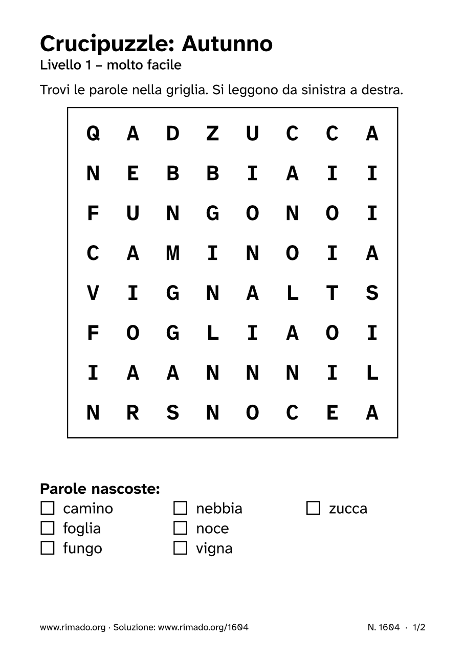 Anteprima del foglio stampato: Crucipuzzle «Autunno», n. 1604