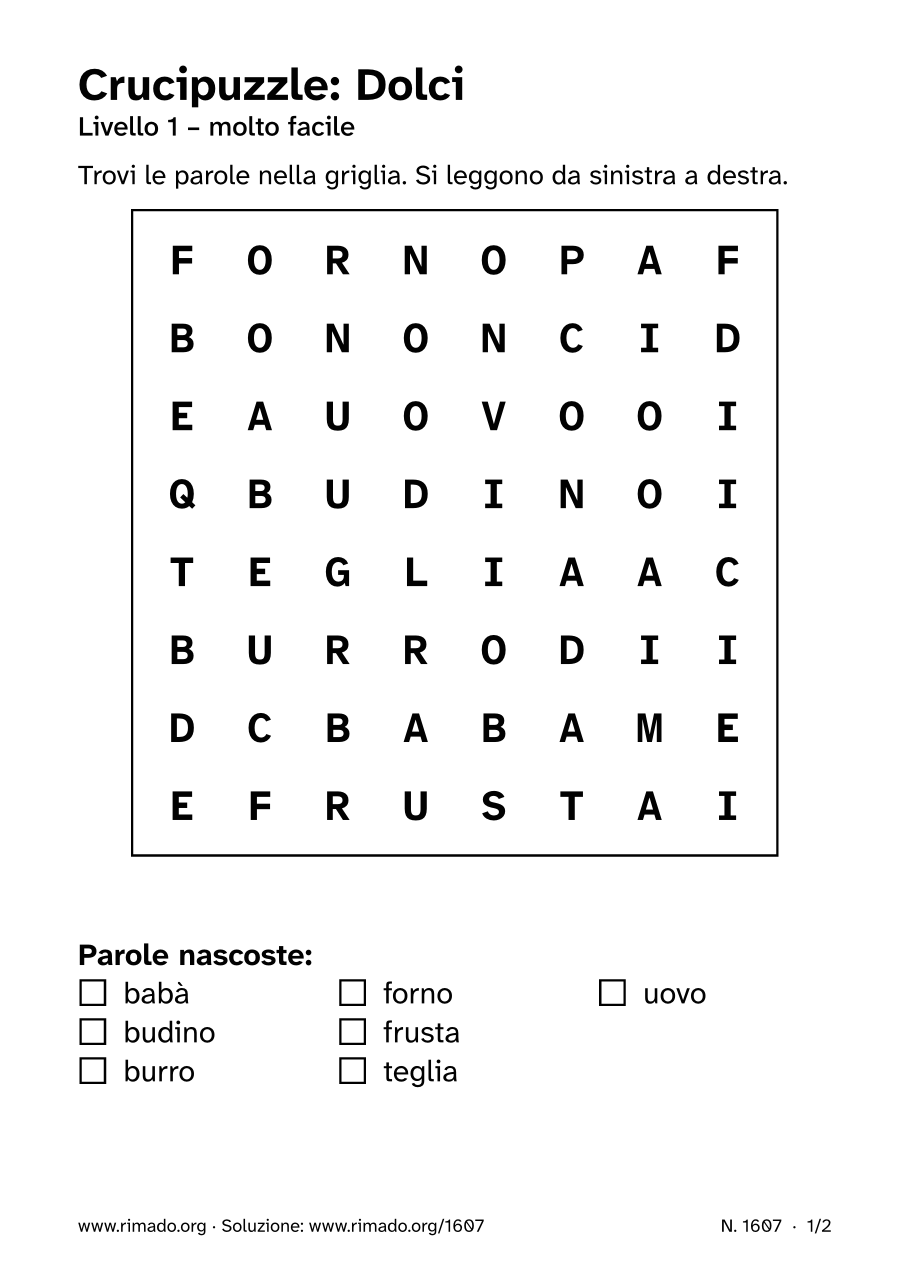 Anteprima del foglio stampato: Crucipuzzle «Dolci», n. 1607