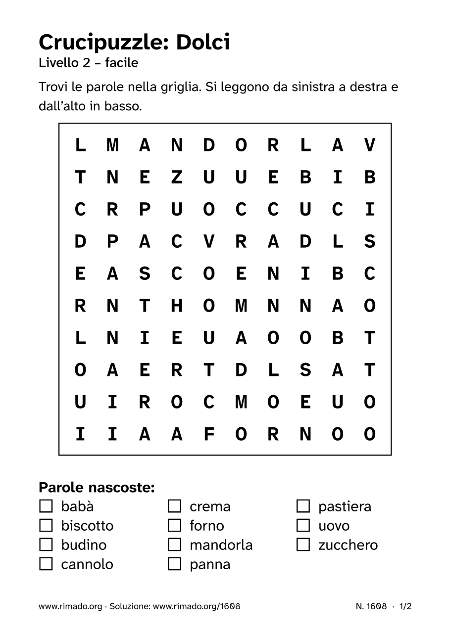 Anteprima del foglio stampato: Crucipuzzle «Dolci», n. 1608