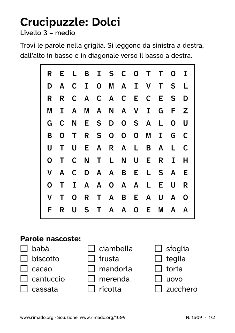 Anteprima del foglio stampato: Crucipuzzle «Dolci», n. 1609