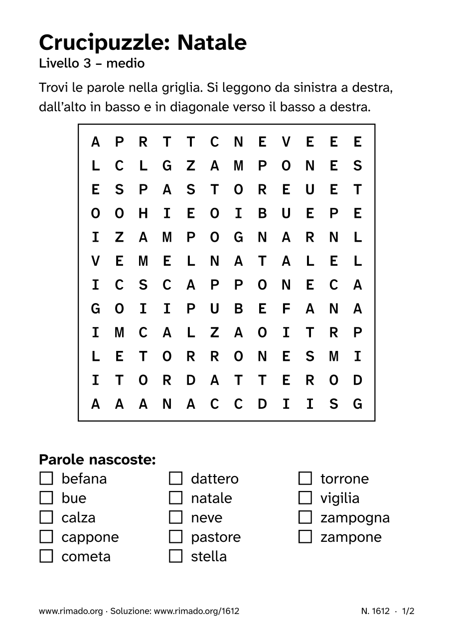 Anteprima del foglio stampato: Crucipuzzle «Natale», n. 1612