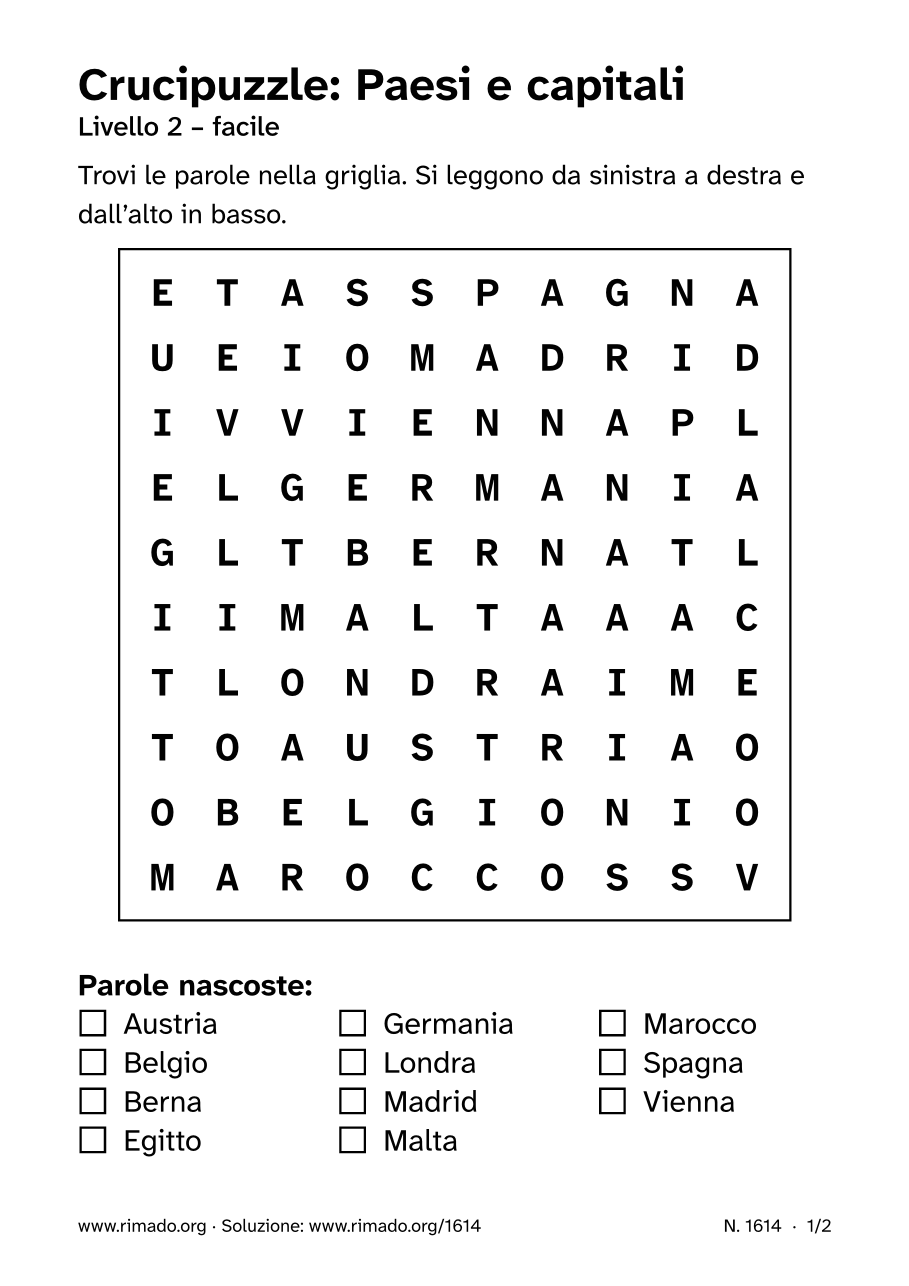 Anteprima del foglio stampato: Crucipuzzle «Paesi e capitali», n. 1614