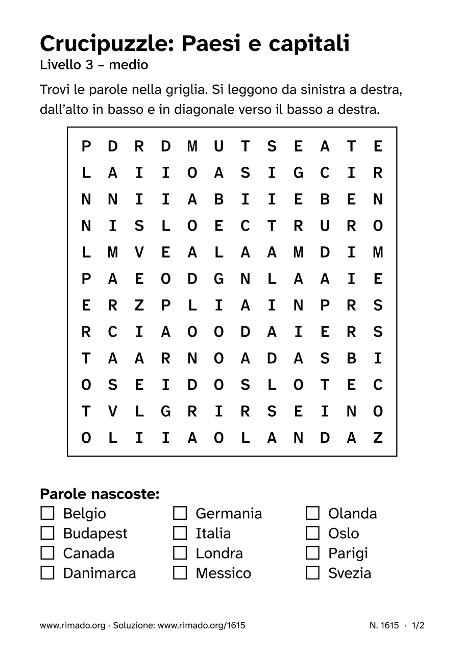 Anteprima del foglio stampato: Crucipuzzle «Paesi e capitali», n. 1615