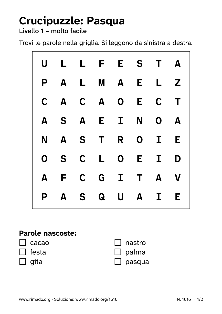 Anteprima del foglio stampato: Crucipuzzle «Pasqua», n. 1616
