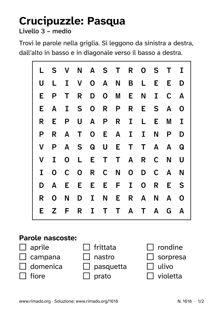 Anteprima del foglio stampato: Crucipuzzle «Pasqua», n. 1618
