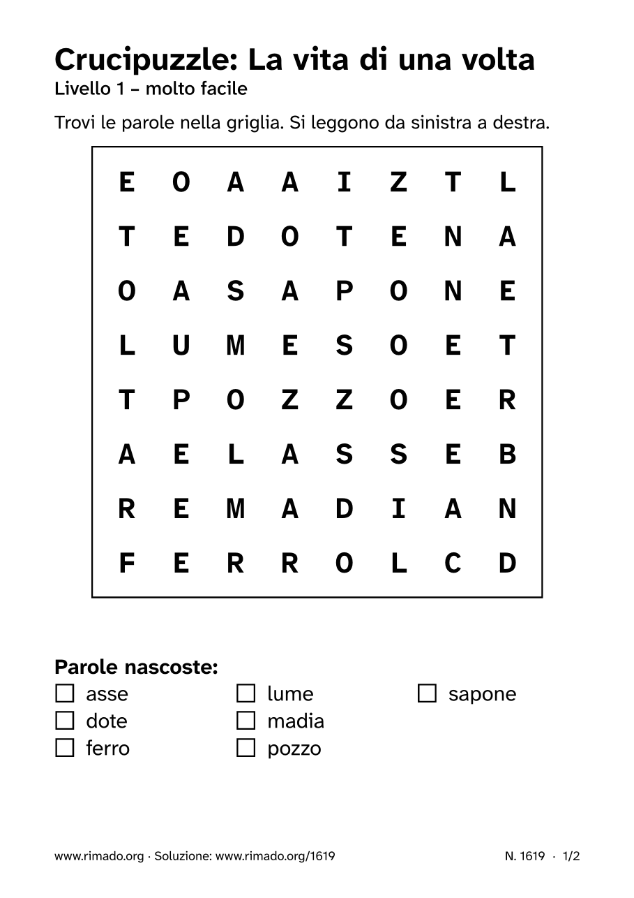 Anteprima del foglio stampato: Crucipuzzle «La vita di una volta», n. 1619