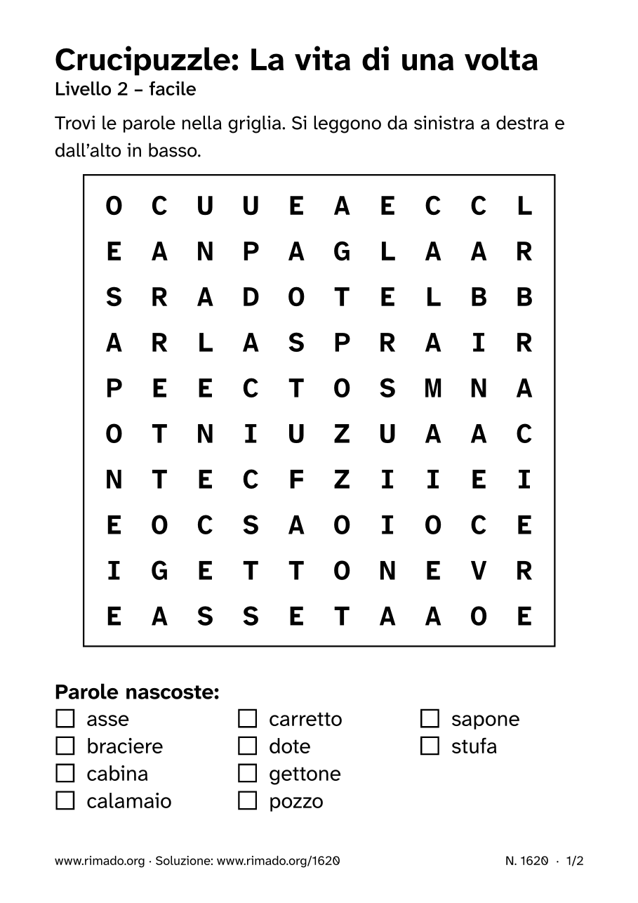 Anteprima del foglio stampato: Crucipuzzle «La vita di una volta», n. 1620