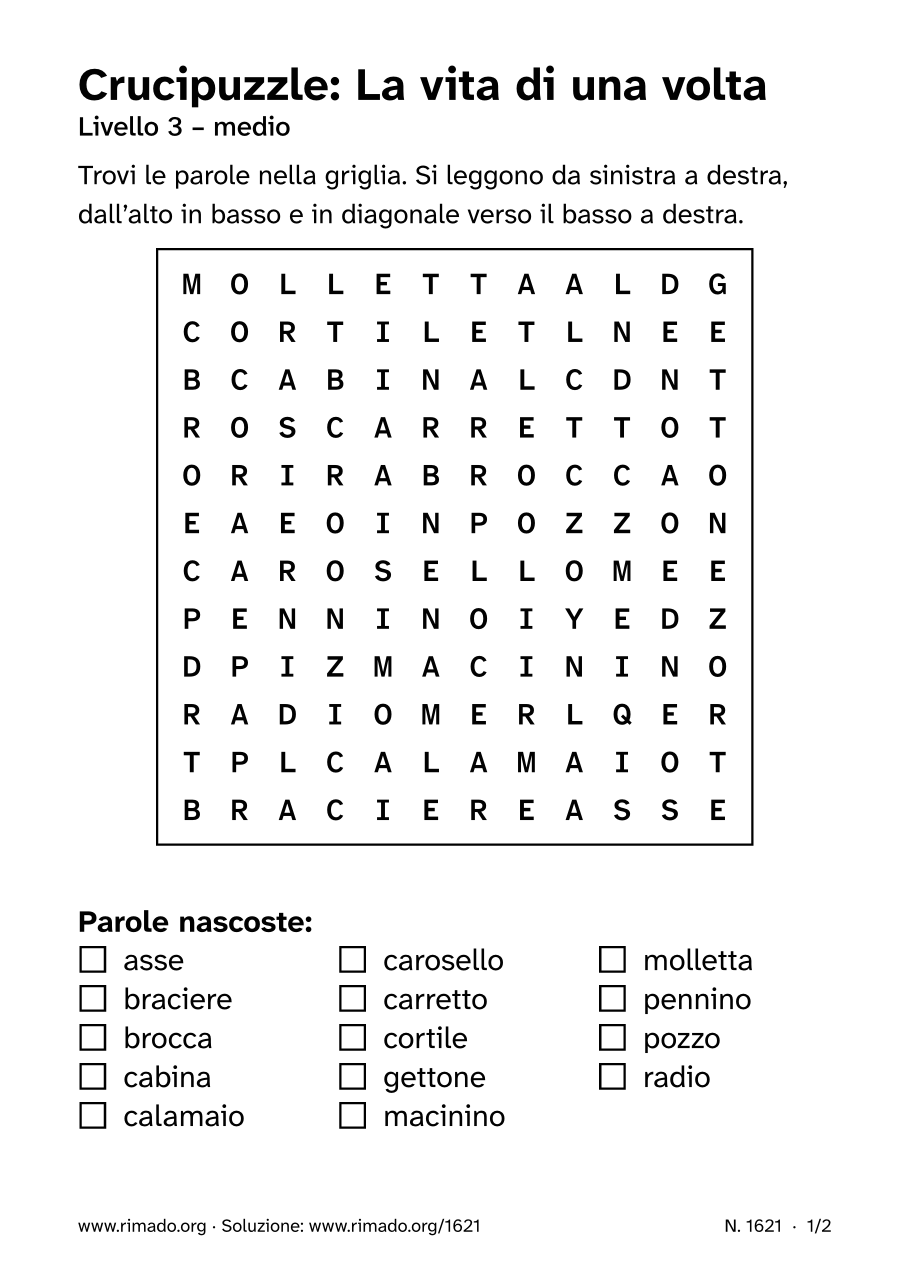 Anteprima del foglio stampato: Crucipuzzle «La vita di una volta», n. 1621