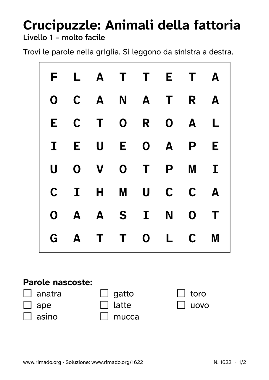Anteprima del foglio stampato: Crucipuzzle «Animali della fattoria», n. 1622