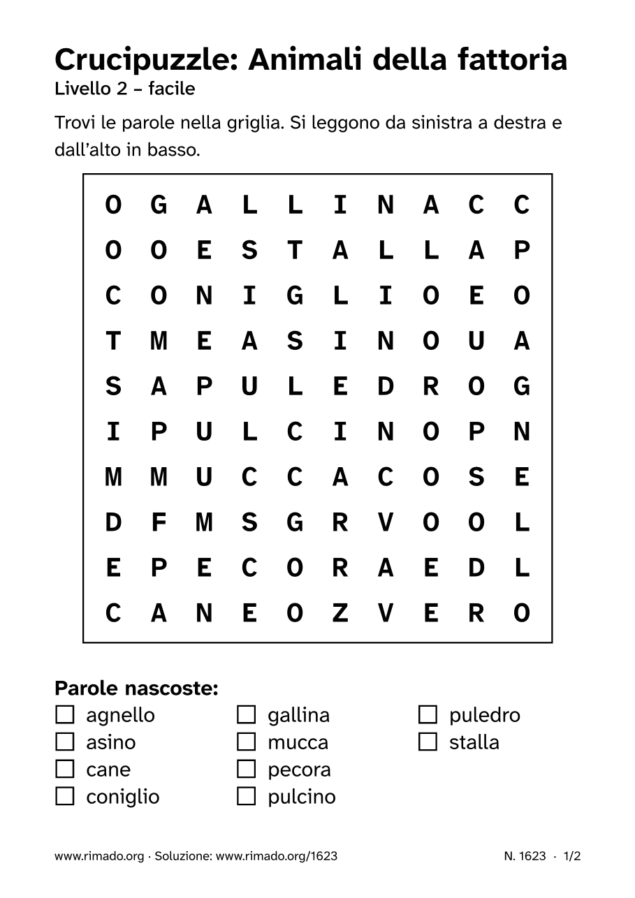 Anteprima del foglio stampato: Crucipuzzle «Animali della fattoria», n. 1623