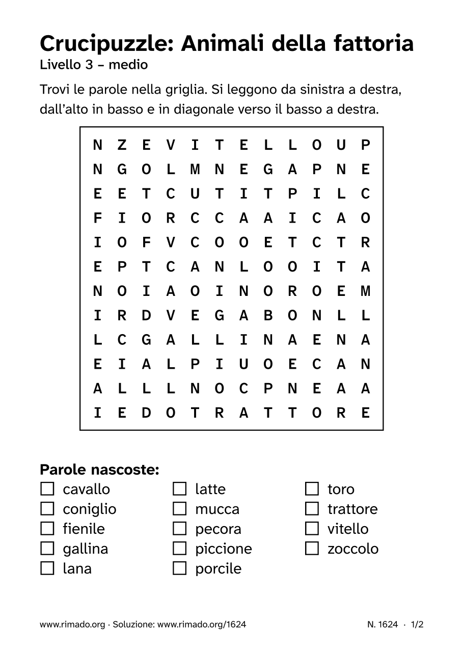 Anteprima del foglio stampato: Crucipuzzle «Animali della fattoria», n. 1624