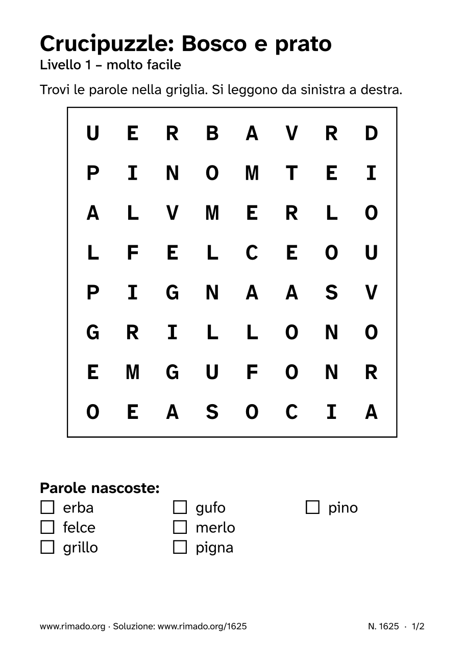 Anteprima del foglio stampato: Crucipuzzle «Bosco e prato», n. 1625