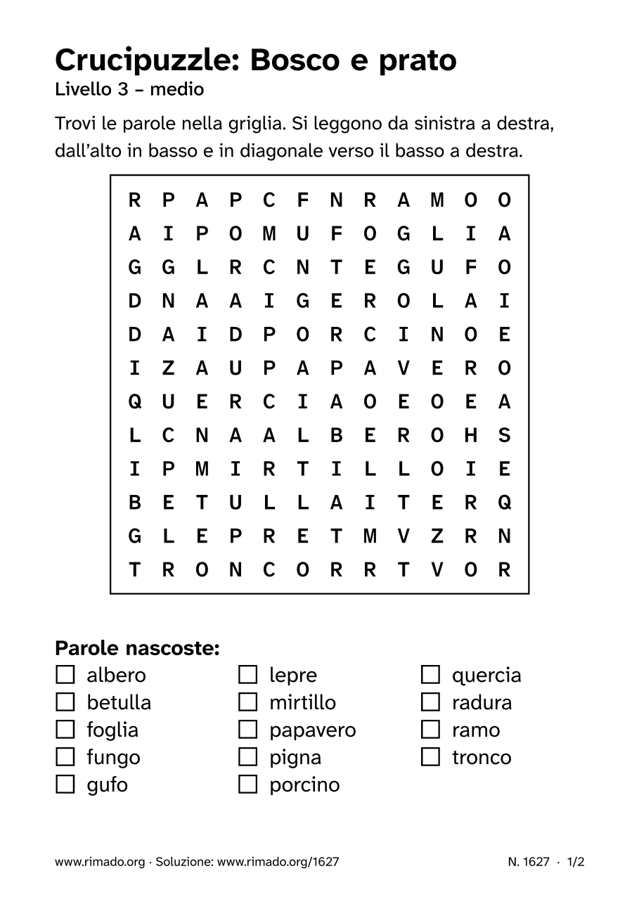 Anteprima del foglio stampato: Crucipuzzle «Bosco e prato», n. 1627