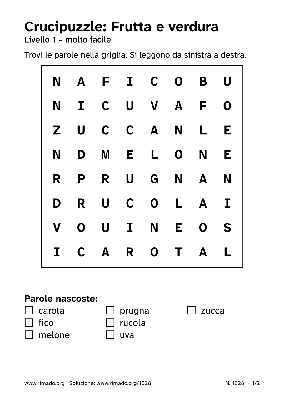Anteprima del foglio stampato: Crucipuzzle «Frutta e verdura», n. 1628