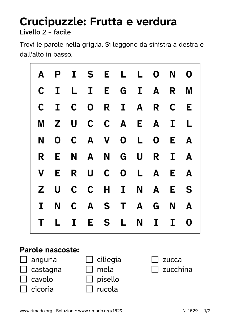 Anteprima del foglio stampato: Crucipuzzle «Frutta e verdura», n. 1629