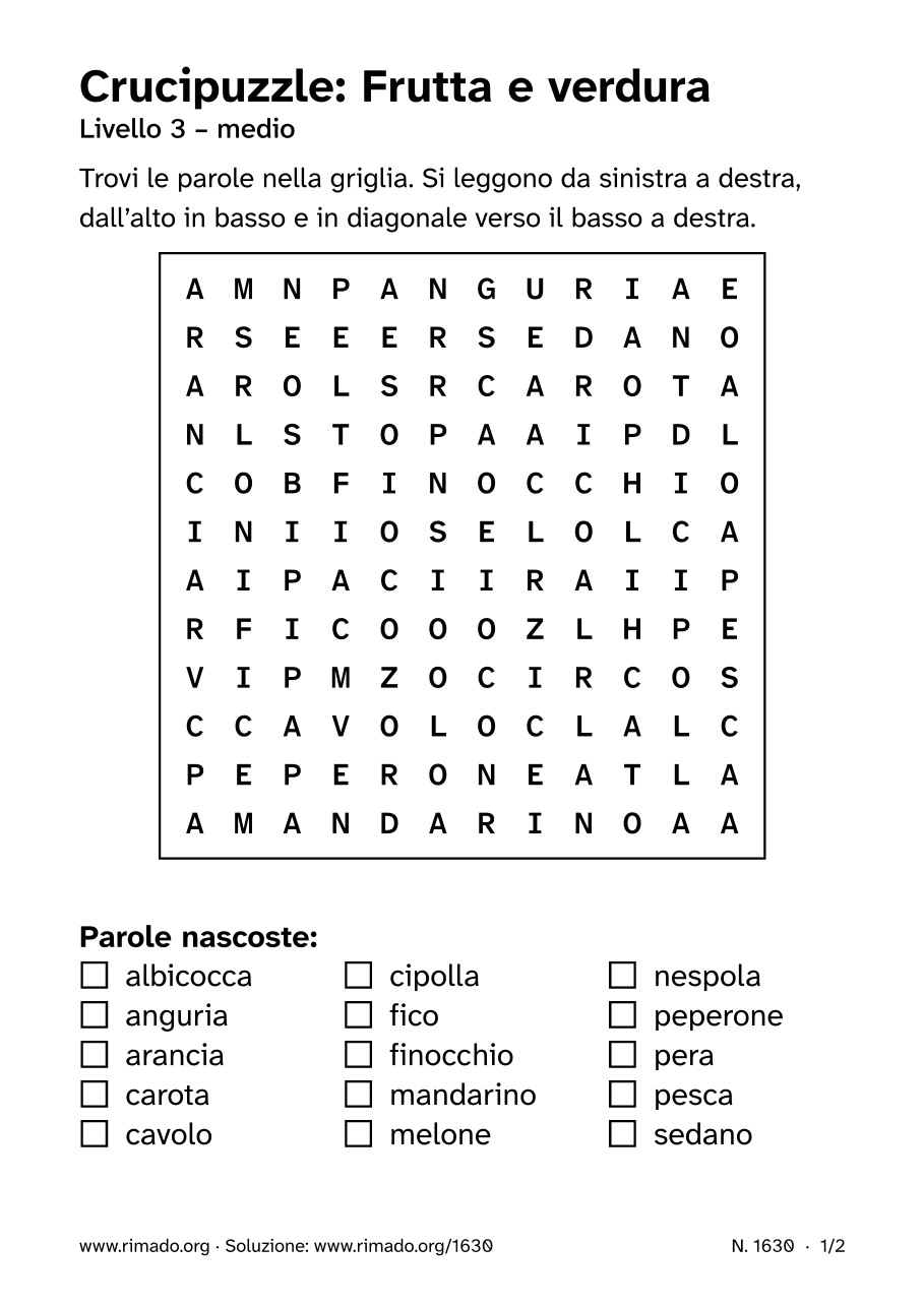 Anteprima del foglio stampato: Crucipuzzle «Frutta e verdura», n. 1630