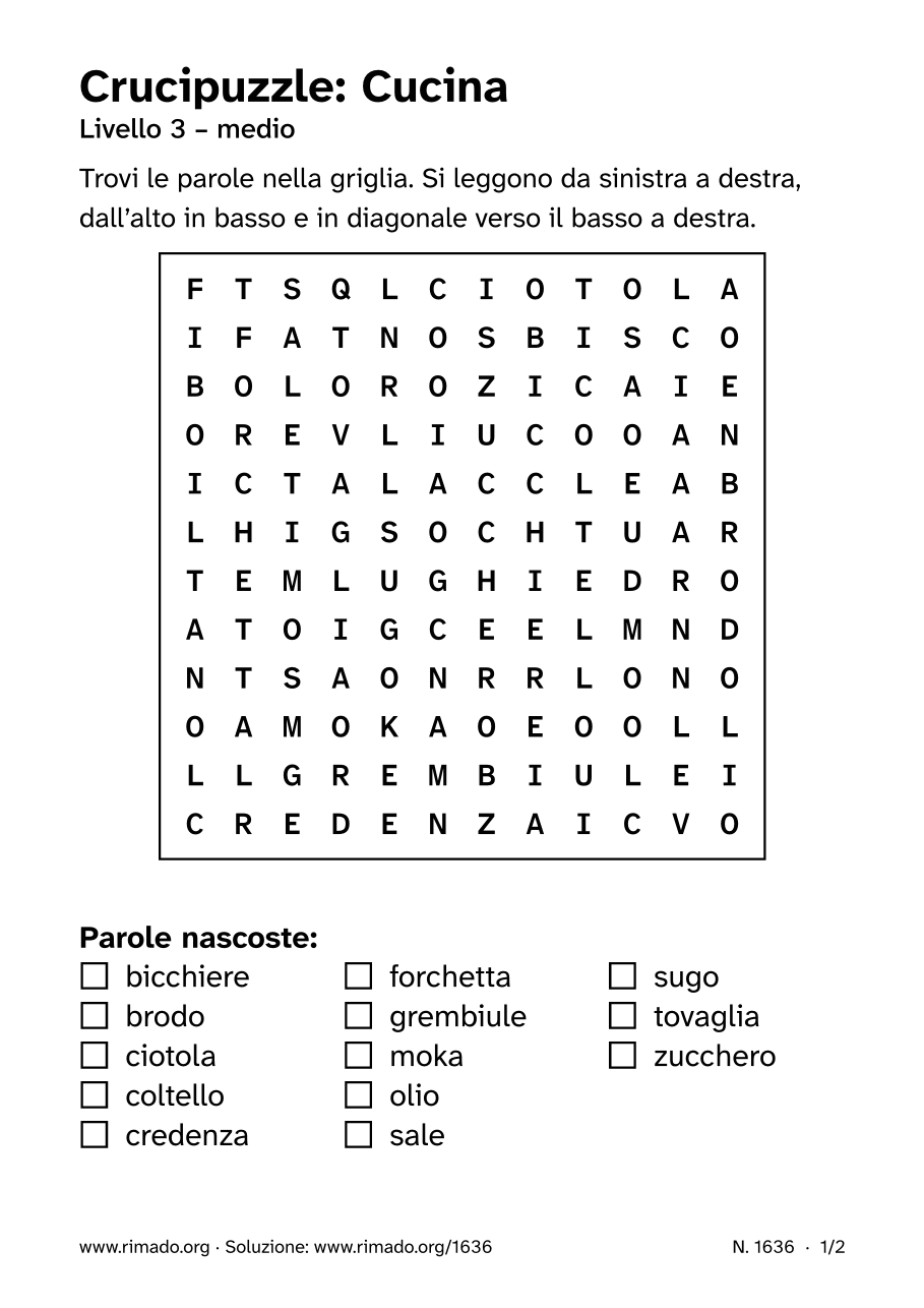 Anteprima del foglio stampato: Crucipuzzle «Cucina», n. 1636