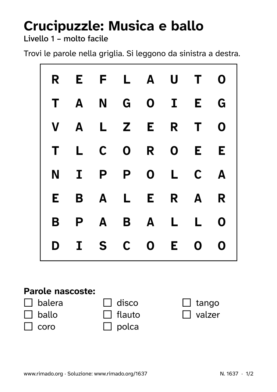 Anteprima del foglio stampato: Crucipuzzle «Musica e ballo», n. 1637