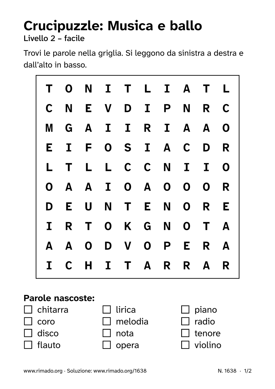 Anteprima del foglio stampato: Crucipuzzle «Musica e ballo», n. 1638