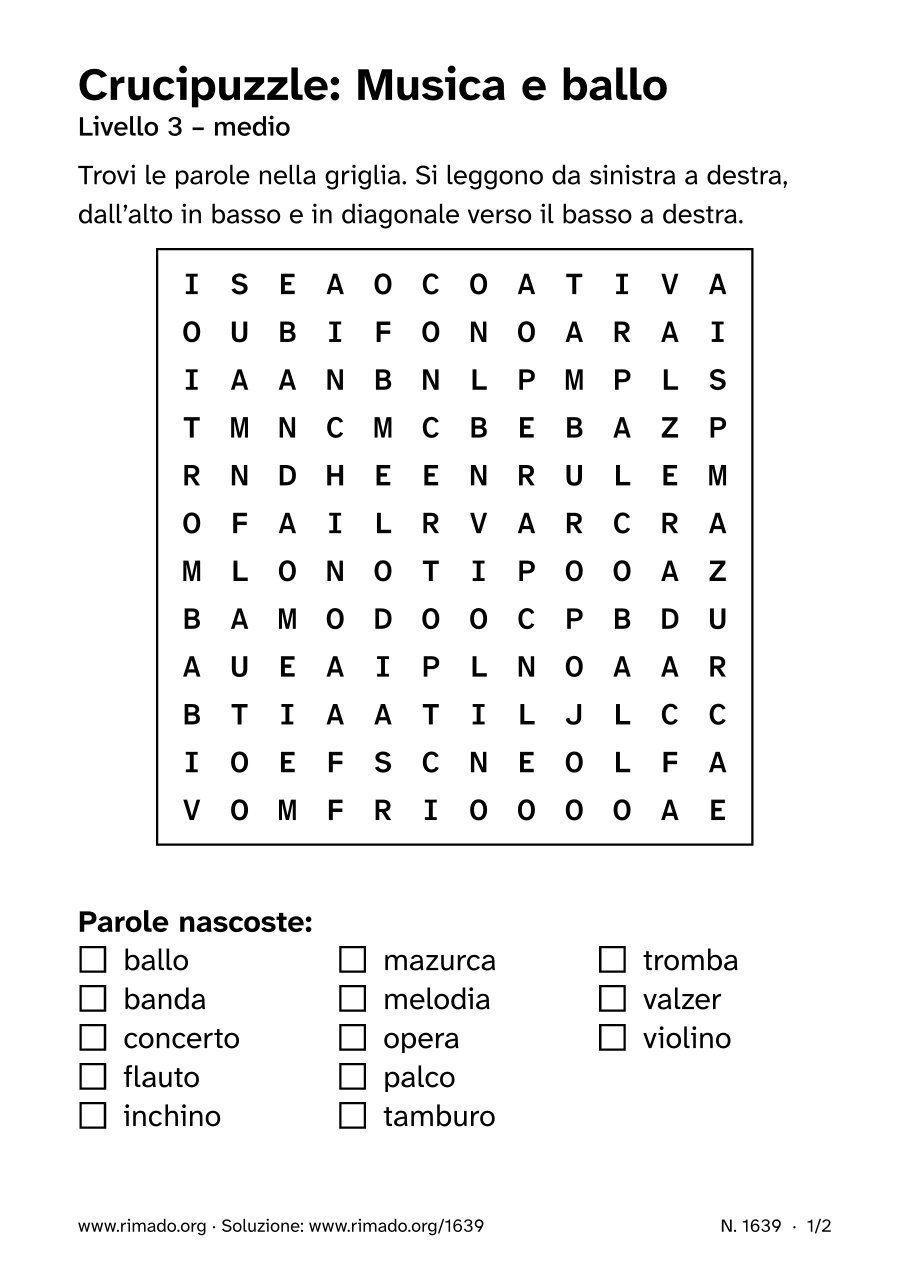 Anteprima del foglio stampato: Crucipuzzle «Musica e ballo», n. 1639