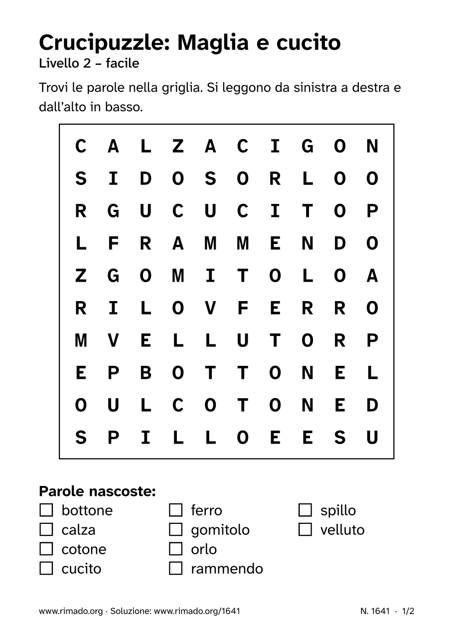 Anteprima del foglio stampato: Crucipuzzle «Maglia e cucito», n. 1641
