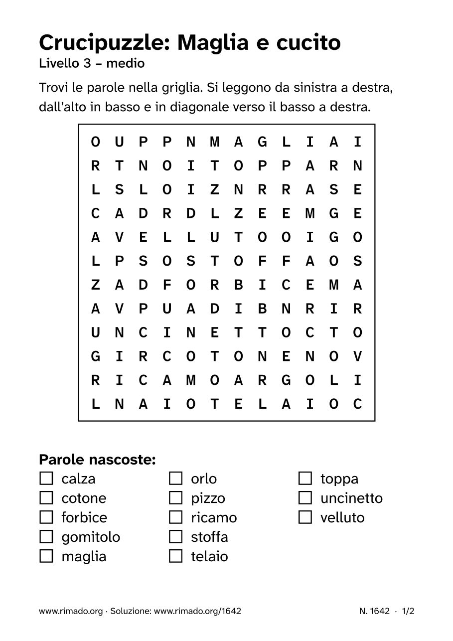 Anteprima del foglio stampato: Crucipuzzle «Maglia e cucito», n. 1642