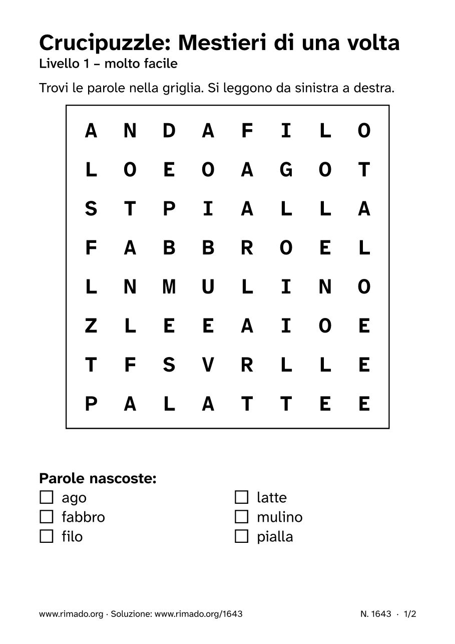 Anteprima del foglio stampato: Crucipuzzle «Mestieri di una volta», n. 1643